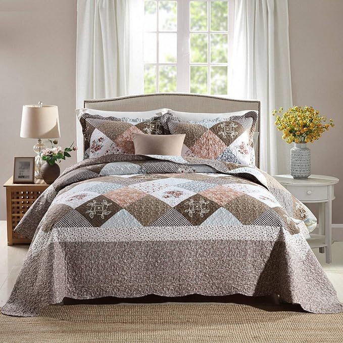 HoneiLife Quilt Set Twin Size - 2 Piece Microfiber Quilts Reversible Bedspreads Patchwork Coverlets Floral Bedding Set All Season Quilts- Splicing Mocha Rose