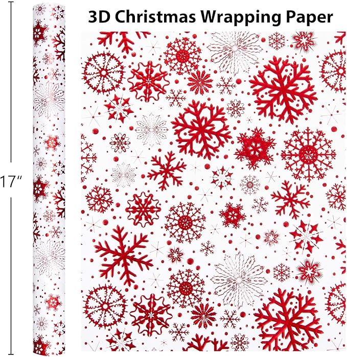 Flyhill Kraft Christmas Wrapping Paper,Red Snowflake Metallic Embossed Foil Luxury Gift Wrap Roll for Holiday, Party,Celebration, New Year (17 Inch X 32.8 Feet)