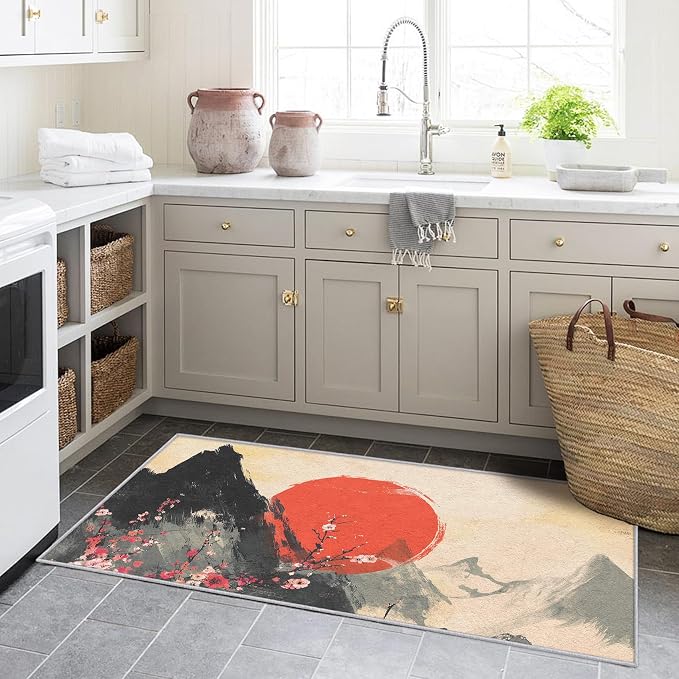 Japanese Runner Rug 3x12, Red Sun Cherry Blossom Mountain Landscape Design, Traditional Asian Art Area Rug, Washable Carpet Runner for Bedroom, Hallways, Kitchen Walkway, Dining Room Sideboard