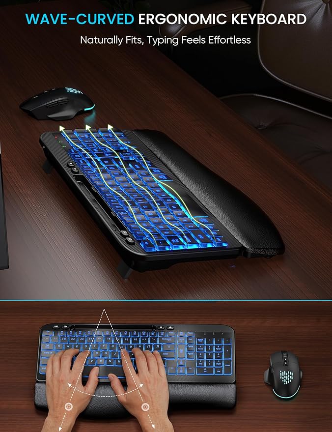 SABLUTE Wireless Keyboard and Mouse Combo - Ergonomic Wave Keyboard with Soft Leather Wrist Rest, Phone Holder, Rechargeable, RGB Backlit Mouse, Full-Size Set for Windows/Mac/Computer (Black)