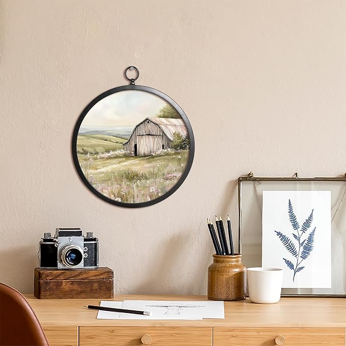 XIAOAIKA Vintage Wall Art with Metal Frame, Round Canvas Print Featuring Barn Country Field Scene, Boho Wall Decor for Living Room, Bedroom, Kitchen, Hallway, 10 Inch