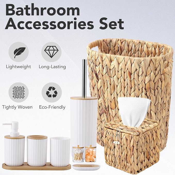 Bathroom Accessory Set, 10 Pieces Bath Set- Wicker Trash Can Tissue Box Soap Dish Toothbrush Holder Rinse Cup Lotion Bottle Toilet Brush Qtip Holder - Practical Bathroom Decor Sets (White, Bath Set)