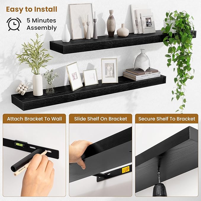 Fun Memories 40 Inch Floating Shelves, Long Wood Wall Shelf Set of 2 with Invisible Brackets, for Bathroom, Living Room, Bedroom, Kitchen, Black