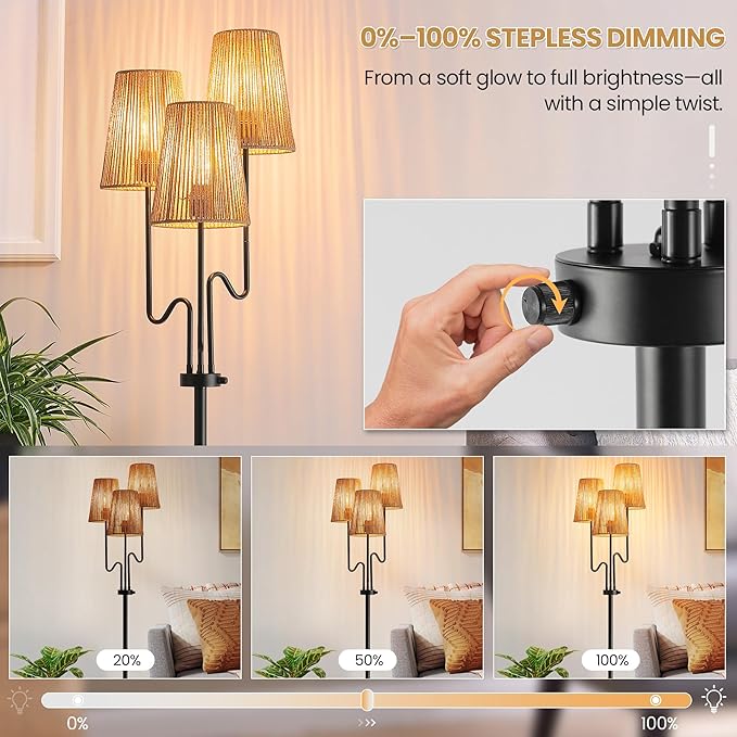 Dimmable Floor Lamp, 68in. Boho Floor Lamps with Natural Shade, 3-Light Tree Lamp for Coastal, Beach or Bohemian Style Decor, E26 Socket, Rotary Switch Standing Lamp for Living room, Bedroom