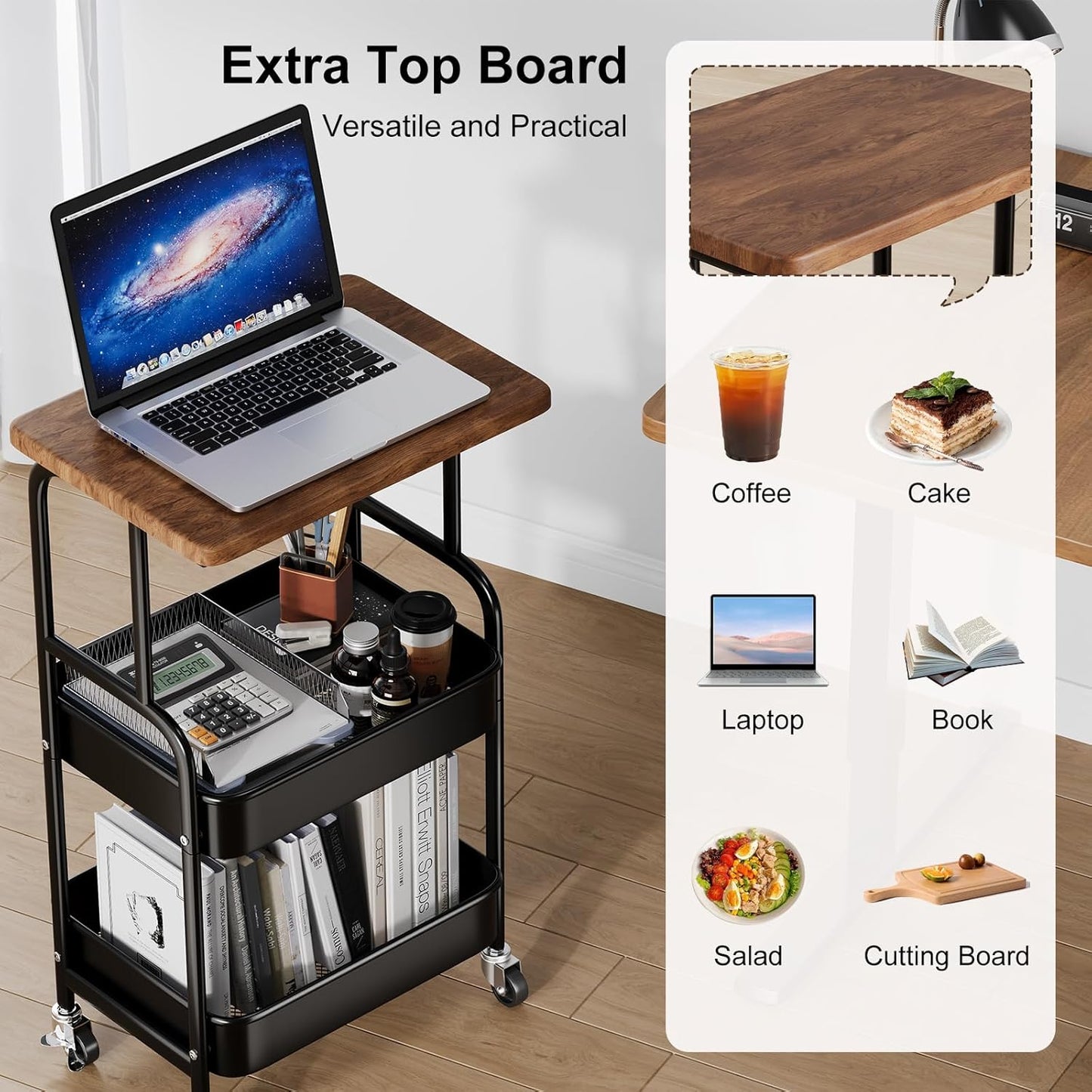 Skiennix Printer Stand - 3-Tier Rolling Cart with Wood Top & Storage Shelf | Mobile Utility for Office & Craft