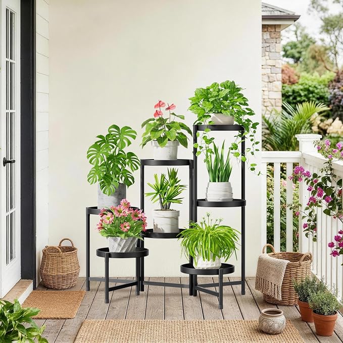 iDavosic.ly 7 Tier Large Plant Stand Indoor with 10 Inch Wide Tray, Tiered Corner Metal Outdoor Flower Display Holder Shelf, Folding Tall Rack for Patio Porch Living Room, Modern Black