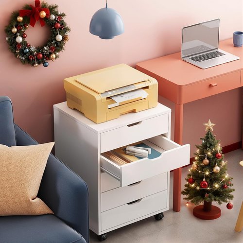 DEVAISE 5-Drawer Filing Cabinet - Under Desk Wood Storage with Wheels | Modern White Design