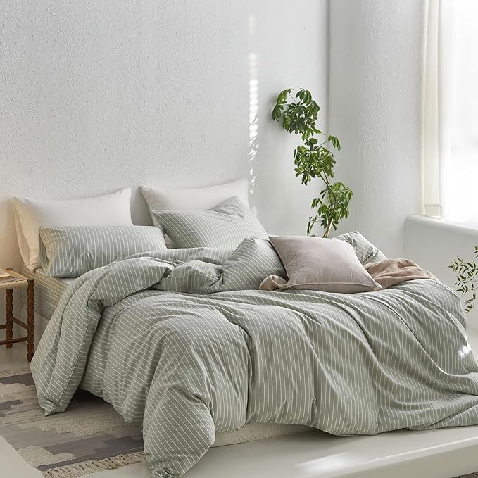 MooMee Striped Duvet Cover Set 100% Washed Cotton Linen Like Textured Breathable Durable Soft Comfy (Sage Green White Wide Stripes, Cal King 104"x98")