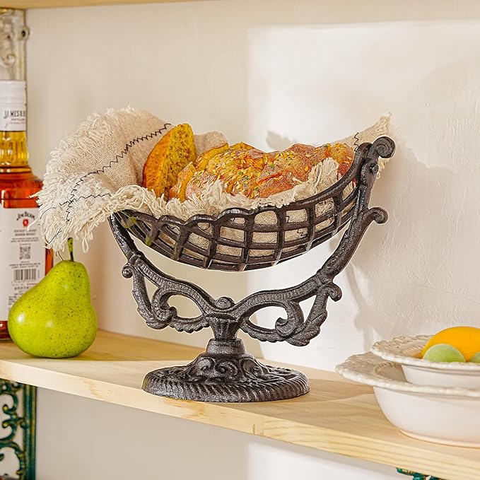 Sungmor Vintage Cast Iron Fruit Basket Bowl – Rustic Decorative Countertop Fruit Holder, Heavy-Duty Metal Kitchen Organizer, Antique Farmhouse Table Centerpiece, Black