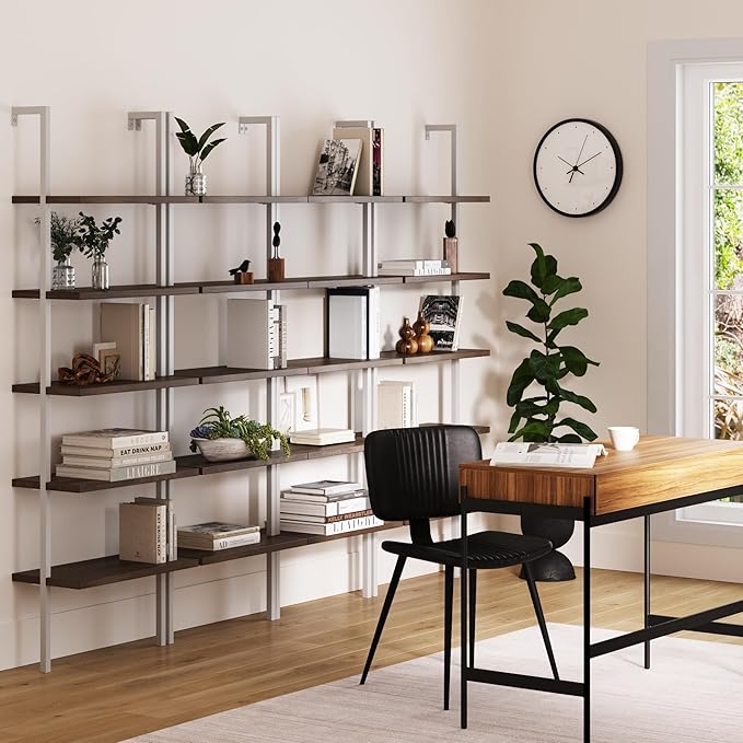 Nathan James Theo 5-Shelf Wood Modern Bookcase, Open Wall Mount Ladder Bookshelf with Industrial Metal Frame, Natural Light Brown/White, Set of 4