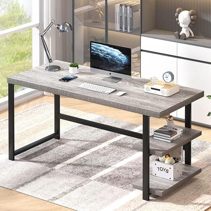 FOLUBAN 60 Inch Computer Desk, Modern Large Home Office Desk with Storage Shelves, Wood and Metal Writing Table Study Gaming Desk Workstation for Living Room, Industrial Light Grey