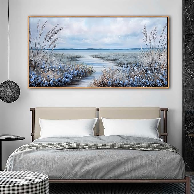KLAKLA Beach Wall Art for Living Room 58x29 Inches Blue Ocean Wall Paintings Sea Wave Canvas Picture Artwork Modern Poster Bedroom Office Home Decor