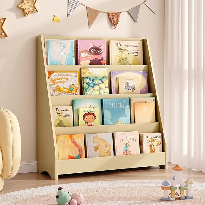 Tatub 4 Tier Kids Wooden Bookshelf, Toddler Sling Bookcase Montessori Bookshelf, Children Front Facing Book Shelf for Nursery, Playroom and Classroom, Natural Wood