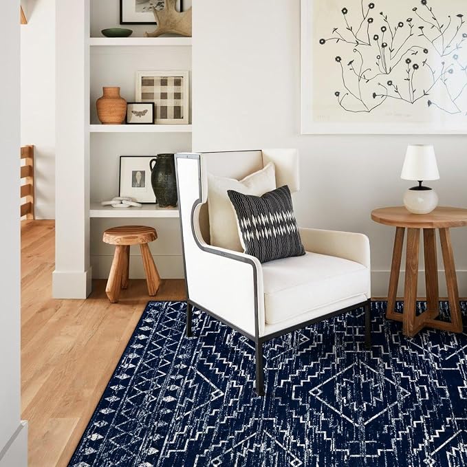 Wonnitar Moroccan Washable 6x9 Rug, Blue Large Living Room Area Rug, Non-Slip Boho Soft Rug for Bedroom, Non-Shedding Ultra-Thin Geometric Carpet for Dining Room Kitchen Basement (Blue,6'x9')