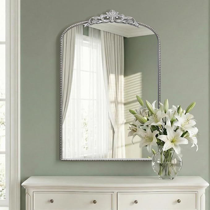 Micasso Vintage Traditional Silver Mirror: 24"x36" French Baroque Antique Mirror - Ornate Decorative Arched for Wall/Entryway/Fireplace/Hallway/Living Room - Home Decor for Bathroom