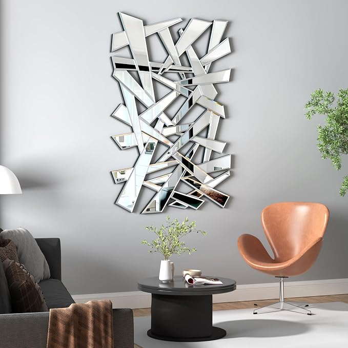 KOHROS Abstract Irregular Frameless Wall Mirror, Asymmetrical Beveled Decor Wall Mount Art Mirror, Horizontal Vertical Hanging for Living Room Fireplace Entryway Decor(48" L x 32" W)