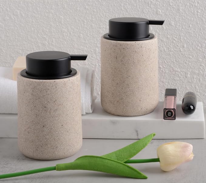 Clasin Home Resin Hand Soap Dispenser Easy-to-Press Liquid Pump, Refillable Soap Dispenser with Sandstone Like Finish, Waterproof Bottle Labels for Bathroom Kitchen Dish Lotion (Beige,10 oz)