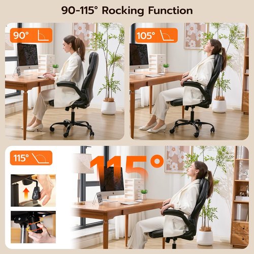 Regine Switzerland Ergonomic Office Desk Chair - Padded Flip-Up Arms & Adjustable Lumbar Support | PU Leather, 360° Swivel