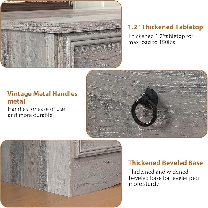 9 Drawer Dresser for Bedroom, 63'' Grey Chest of Drawers Wood, Large Storage for Clothes, Vintage Design, for Living Room, Bedroom, Hallway