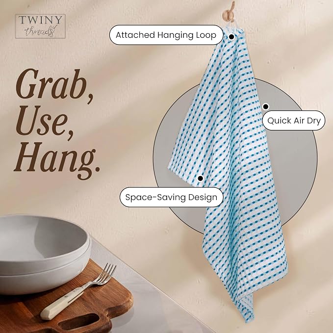 TWINY threads Waffle Weave Dish Towels Pack of 4, Large 16x26 Inches Kitchen Hand Towel Set, Super Absorbent, Fast Dry & Reusable Washcloths for Cooking, Cleaning & Drying, Turquiose Blue, White
