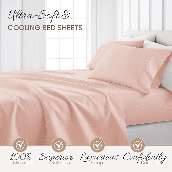 Linen Market 4 Piece King Sheet Set - Breathable, Double-Brushed Patterned Cooling Sheets – Oeko-TEX Certified Ultra Soft & Wrinkle-Free 16" Deep-Pocket King Sheets - Easy Care My Heart Pink