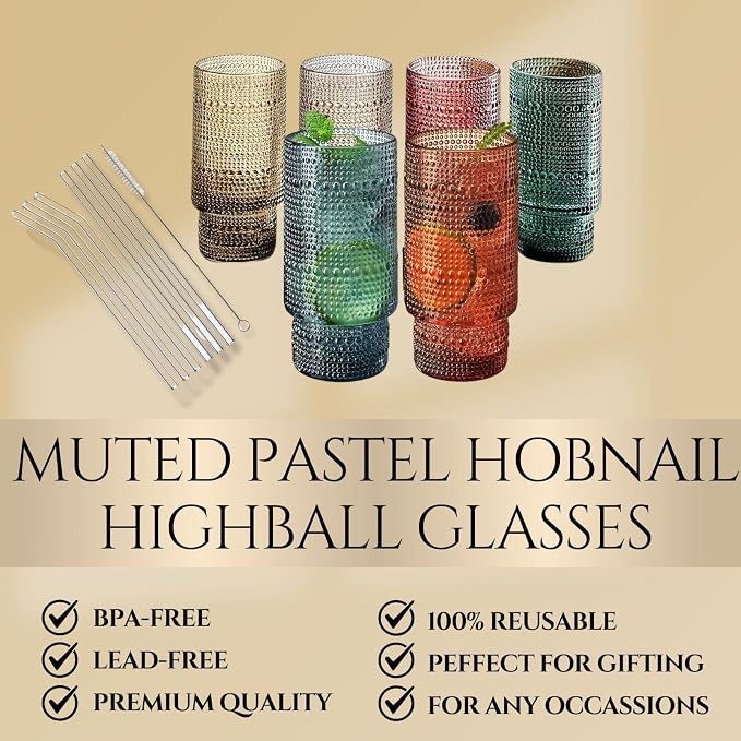 Khen Colored Vintage Art Deco Glasses - Martini, Margarita, Cocktail & Champagne Ribbed Glasses | Set of 6 | Cute Pastel Crystal Cocktails Glassware, Stemmed Glassware Gift - Hobnail Tumblers & Straws