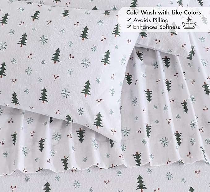 RUVANTI Flannel Sheets Twin XL Size - 100% Cotton Double Brushed Twin XL Sheet Sets, Deep Pockets 16 Inches, All Seasons Breathable & Extra Soft Bed Sheets, Warm & Cozy, 3 Piece, Berry & Pine