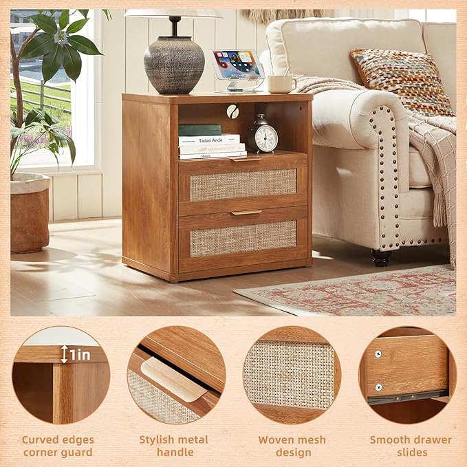 LEYAOYAO Rattan Night Stand with Charger Station, 23" Wide Boho Nightstand with 2 Drawers, Natural Wood Bedside Table Open Storage Cabinet, Bed Side End Tables Dresser for Bedroom, Living Room Hallway