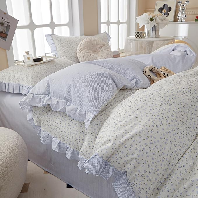 Blue Floral Ruffle Duvet Cover Twin XL White Soft Cotton Lace Duvet Cover Girls Botanical Flower Comforter Cover Romantic Princess Bedding Set Vintage Floral Lace Comforter Cover with Zipper Closure