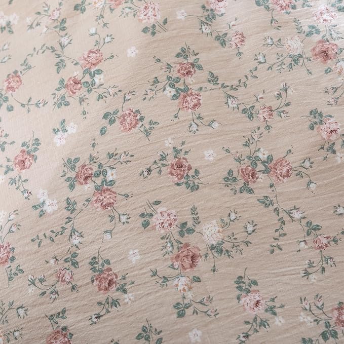 King Size Comforter Set Floral Soft 3 Pieces Chic Crinkle Gauze Fabric Garden Style Vintage Floral Print Botanical Comforter for All Seasons Luxury Warmth Comfy Breathable with 2 Pillowcases