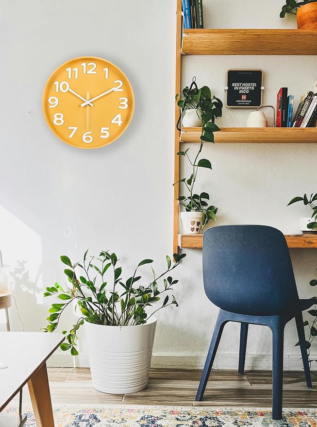 45MinST 12-Inch Modern Yellow Indoor/Outdoor Wall Clock, Silent Non-Ticking, Large Numbers, Accurate Timekeeping, Perfect Decorative Accent for Home or Office (Yellow)