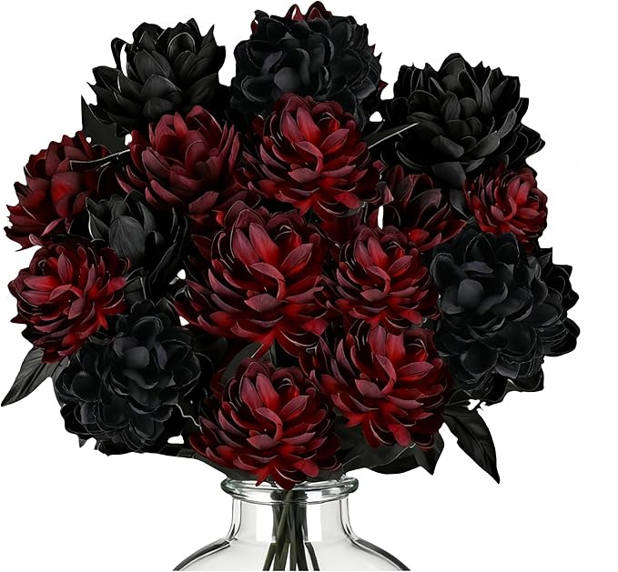 Gothic Black and Red Artificial Dahlia Flowers – Luxury Faux Bouquet for Vase Decor, Dark Aesthetic Centerpiece Arrangement for Modern Home, Living Room, Entryway & Dining Table Décor