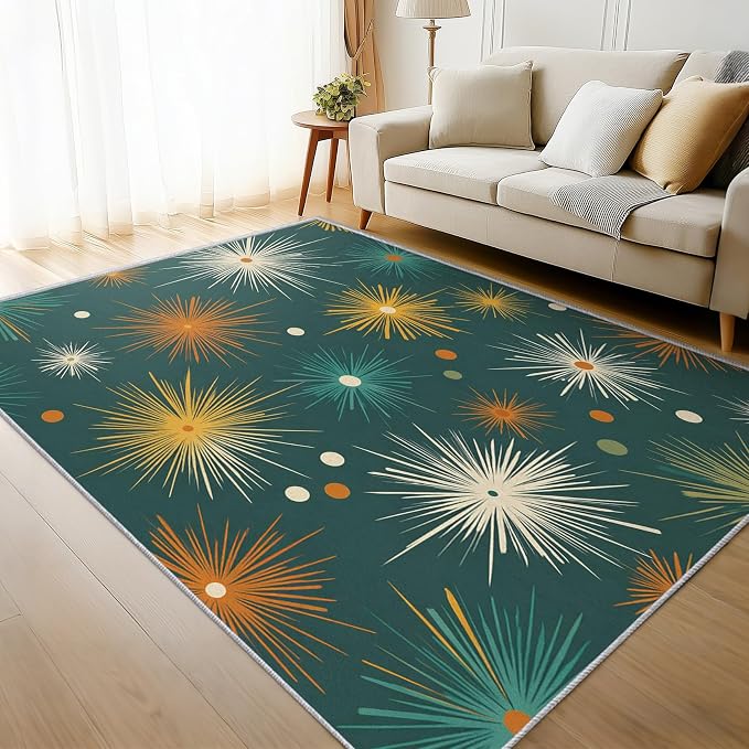 Abstract Atomic Rugs for Living Room Decor, 3x4 ft, MCM Geometric Starburst Area Rugs for Bedroom, Soft Non Slip Washable Mid Century Modern Carpet Home Decorations D-g48