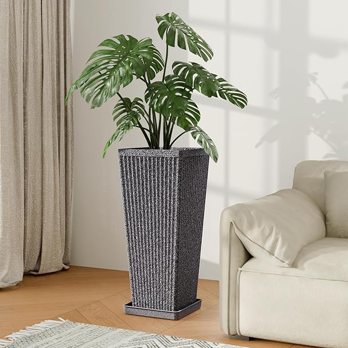 Square Tall Planters for Outdoor Plants Set of 2-23.6" Heavy-Duty Classic Tapered Indoor Flower Pots with Drainage Holes/Partition/Tray, Large Outdoor Planters for Porch Patio Garden, Grey