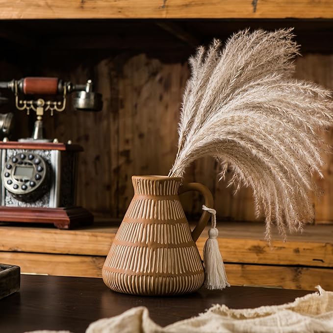 Rustic Farmhouse Vase with Handle and Tassel, Vertical Stripes Terracotta Pottery - Vintage Ceramic Clay for Home Décor, Shelf, Table, Bookshelf, Mantle, Entryway