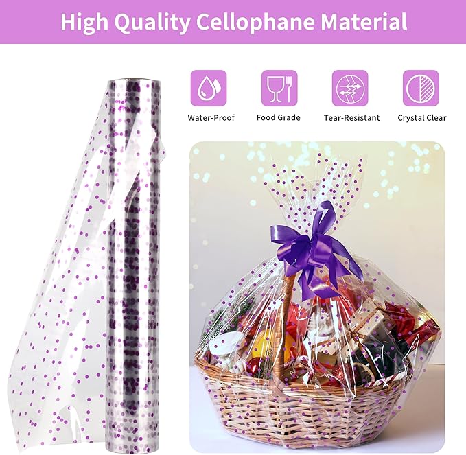 CMFYHM Clear Cellophane Wrap Roll with Violet Polka Dots | 34" x 100’ | 3 Mil Transparent Cellophane Roll,Cellophane Wrap for Lavender theme Baskets, Gifts, Treats,Crafts, Thanksgiving Day ,Halloween Wrapping