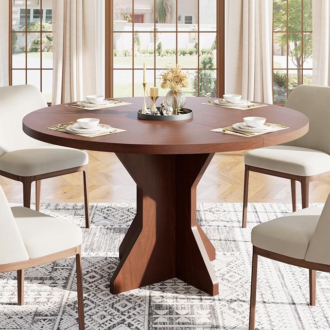 Garvee Round Dining Table for 4-6 People - 47" Circle Kitchen Dinner Table with Sturdy Pedestal Base, Small Spaces Dinning Room Furniture for Living Room, Kitchen, Apartment, Walnut