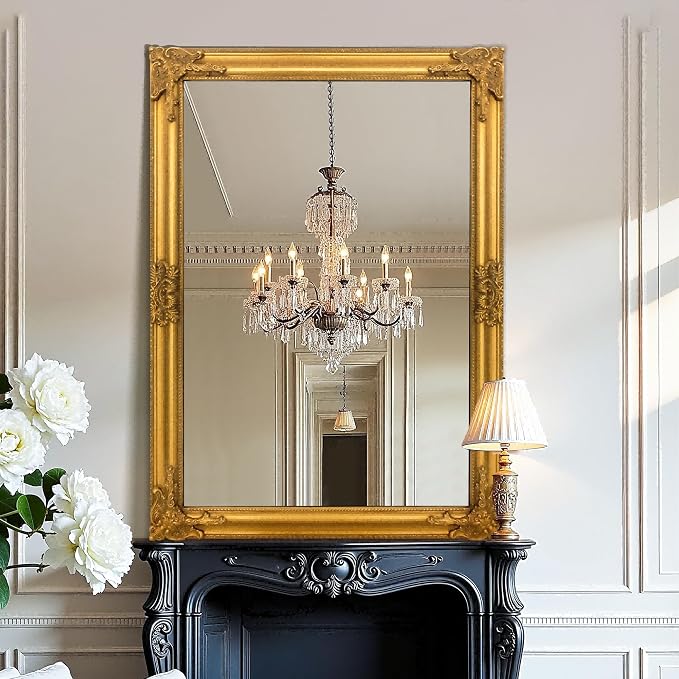 TRAHOME Vintage Gold Mirror for Wall, 28"x40" Antique Decorative Baroque Mirror with Imitation Metal Frame, Ornate Decorative Wall Mirror Decor for Entryway, Fireplace, Living Room, Hallway, Bathroom