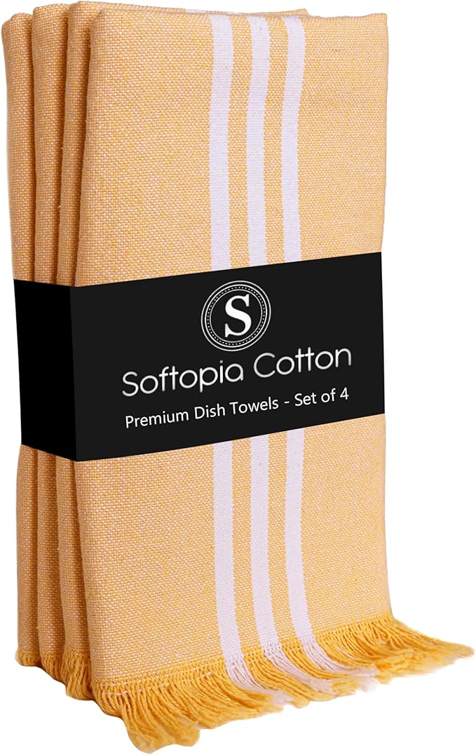 Stripe Kitchen Towels 4 Pack, 16x26 Inches, Dish Cloths for Drying, Wiping, Absorbent Tea Towels, Washable Rags, Reusable Cleaning Cloths for Everyday Kitchen Tasks - Mustard Yellow