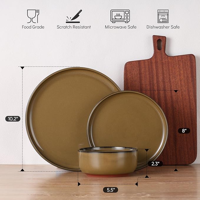 E-far Stoneware Dinnerware Sets for 2, 6 Pieces Reactive Glaze Plates and Bowls Sets, Elegant Dishes with Rustic Terracotta Base, Dishwasher & Microwave Safe, Scratch Resistant, Deep Camel