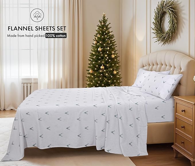 RUVANTI Flannel Sheets Twin XL Size - 100% Cotton Double Brushed Twin XL Sheet Sets, Deep Pockets 16 Inches, All Seasons Breathable & Extra Soft Bed Sheets, Warm & Cozy, 3 Piece, Stag Synphony