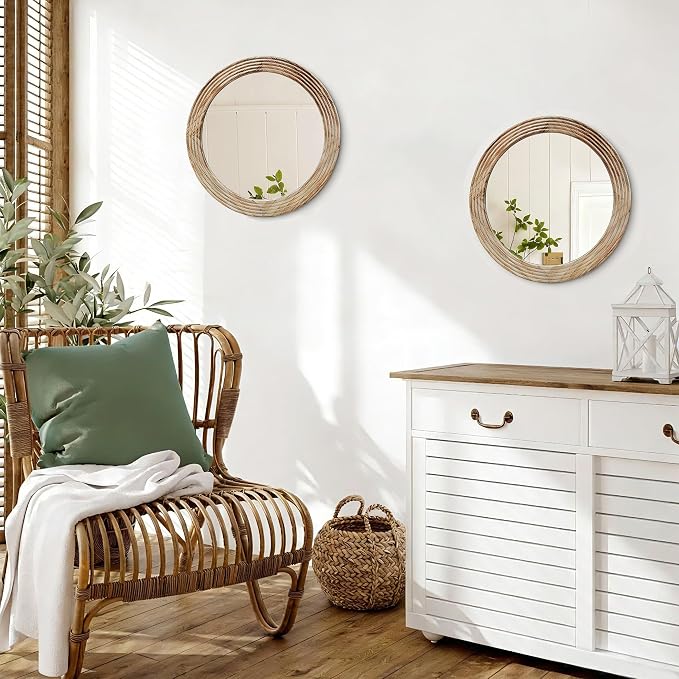 LOSOUR Round Mirror, Farmhouse Decor Solid Wood Frame Wall Circle Mirror, Decorative Mirrors for Bathroom Over Sink, Living Room, Entryway,Bedroom, Entryway, Hallway,Foyer (2, Brown, 24" L x 24" W)