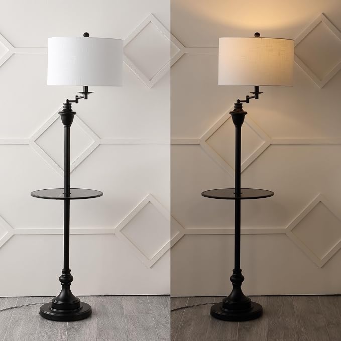 JONATHAN Y 60" Black Floor Lamp with Integrated Glass Side Table, Modern Swing Arm Standing Lamp for Living Room, White Linen Shade, LED Bulb Included (JYL3055D)