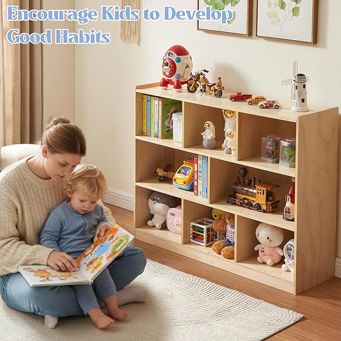 Montessori Shelf 8-Section Wooden Storage Cabinet, 3-Shelf Toy Organizers and Storage, Kids Classroom Organizer, Playroom, Daycare and Preschool