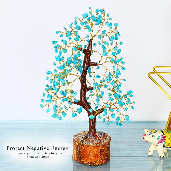 YATHABI Turquoise Crystal Sculpture - Feng Shui Money Tree - Good Luck, Positive Energy - Decorative Desk Accessory