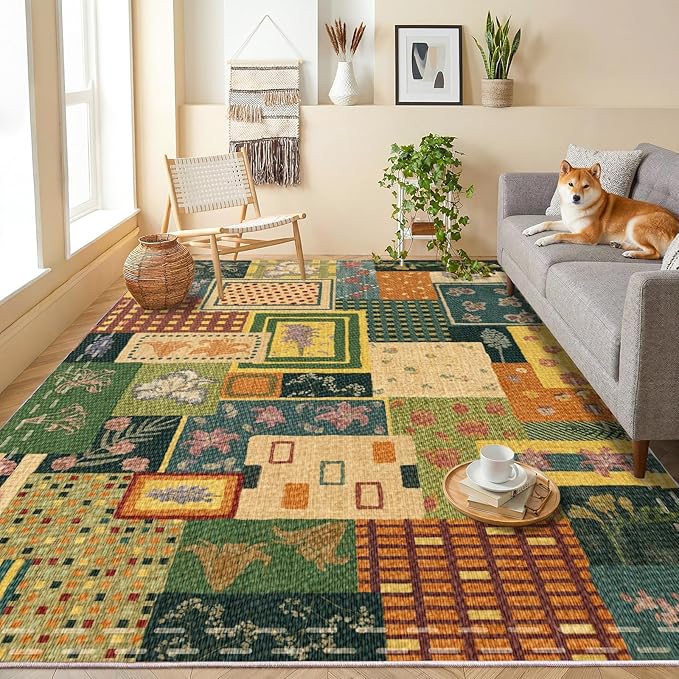 Patchwork Floral Area Rugs for Living Room, Washable 4x6 Abstract Green Soft Rug for Bedroom, Upgraded Non-Slip Durable Throw Carpet, Aesthetic Indoor Rug for Dining Room Office Home Hardwood Floor