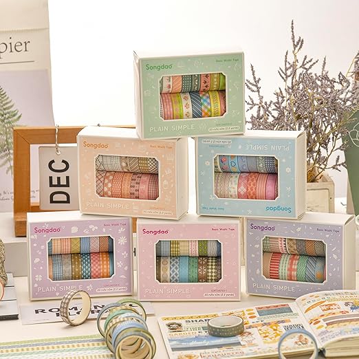 Songdao 20 Rolls Basic Washi Tape Set Japanese Arts Adhesive Tapes Simple Patterns Decorative Masking Tape Sets for Craft, Kids, Scrapbook, DIY, Gift Wrapping (Style One)