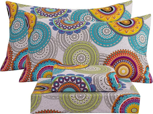 Bedlifes Full Sheet Set Ultra Soft, Breathable, Silky Flower Deep Pocket 100% Microfiber Bedding, 4 Piece Full Size Mandala Patterned
