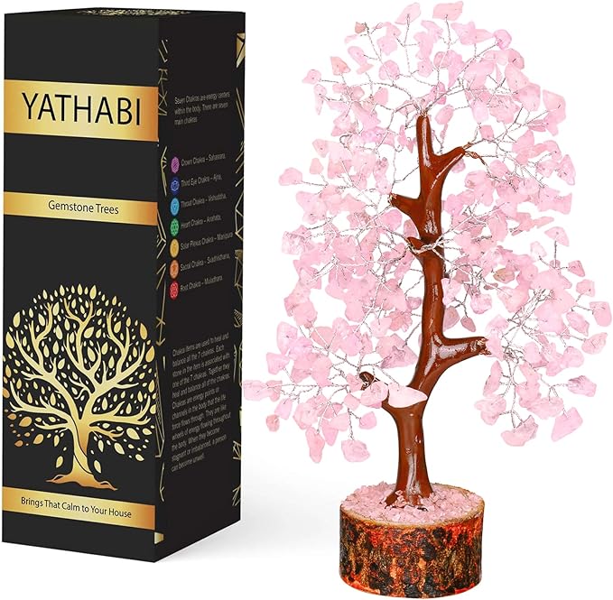 YATHABI Rose Quartz Tree - Pink Crystal Desk Decor - Feng Shui Gemstone Bonsai - Spiritual Gift for Positive Energy