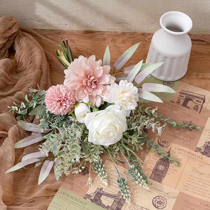 Fake Flowers in Vase, Artificial Flowers with Vase, 15.7'' Floral Arrangements for Dining Table Centerpiece Decor, Silk Roses & Faux Dahlia Bouquet for Farmfouse Kitchen Coffee Table Decor (Pink)